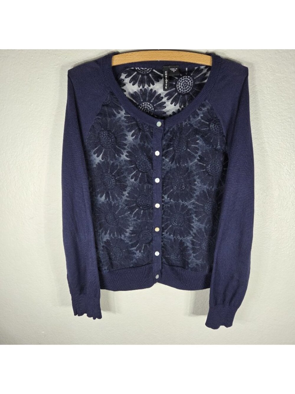 Charlotte Tarantola Semi Sheer Floral  Button Front Cardigan Size M Navy Blue